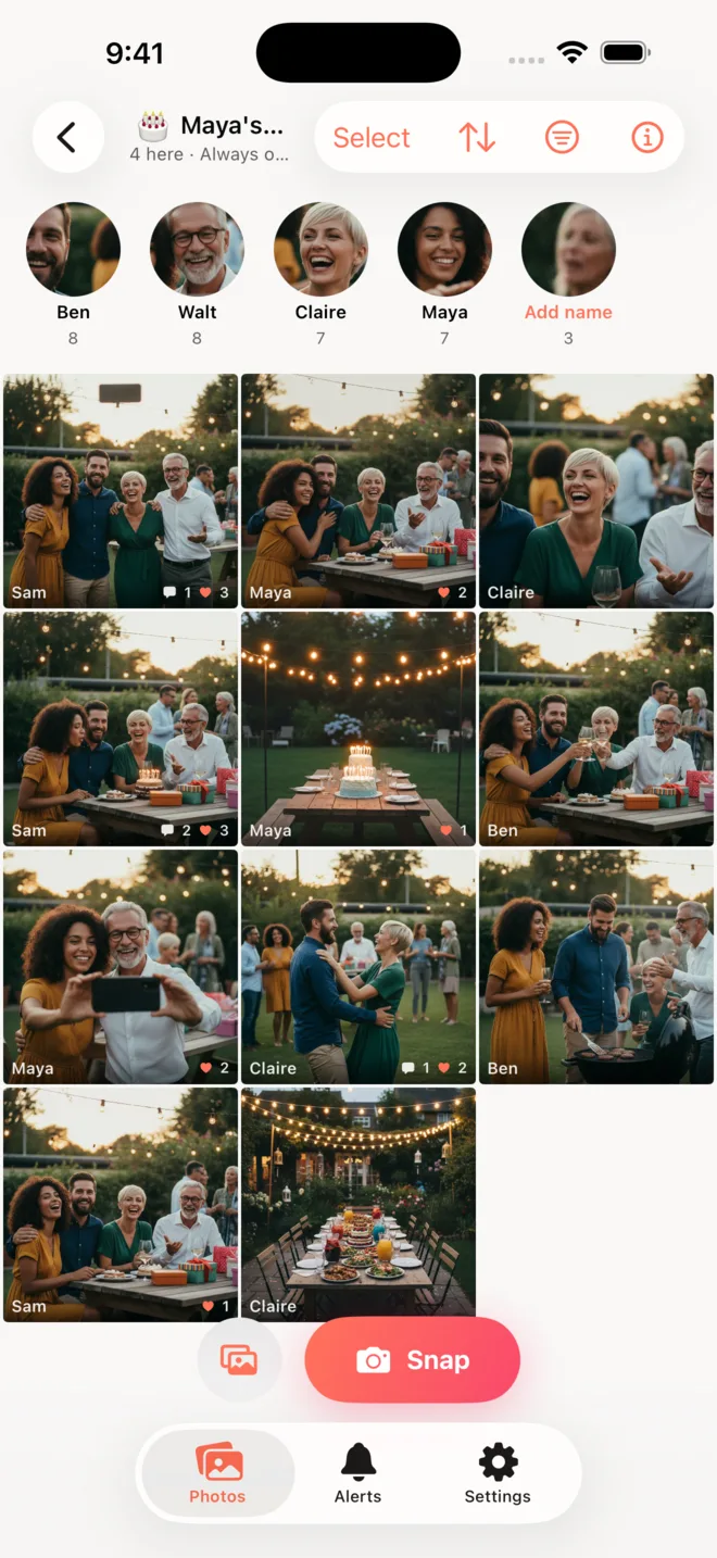 The shared camera roll, sorted by who took each photo