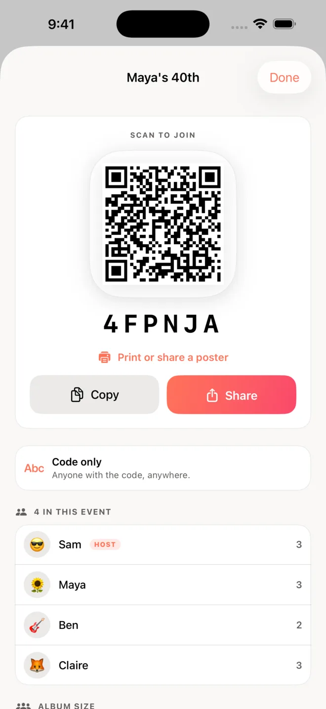 Guests join by QR code or a six-letter code